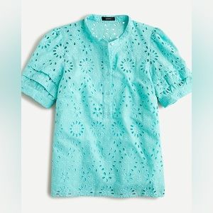 J. Crew Puff-sleeve turquoise popover top in eyelet Size XS